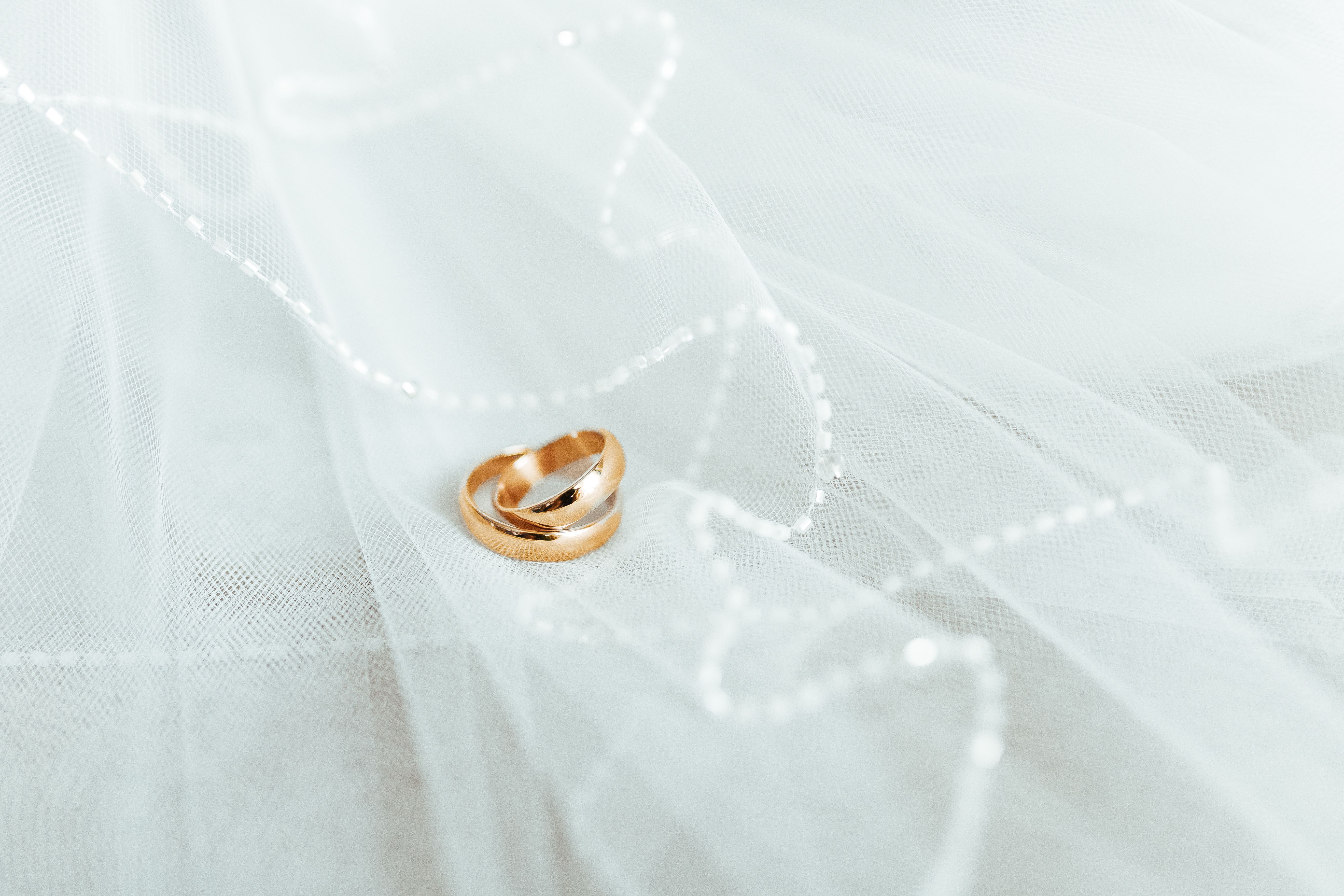 Trauringe Zwei goldene Ringe liegen auf einem zarten Brautschleier