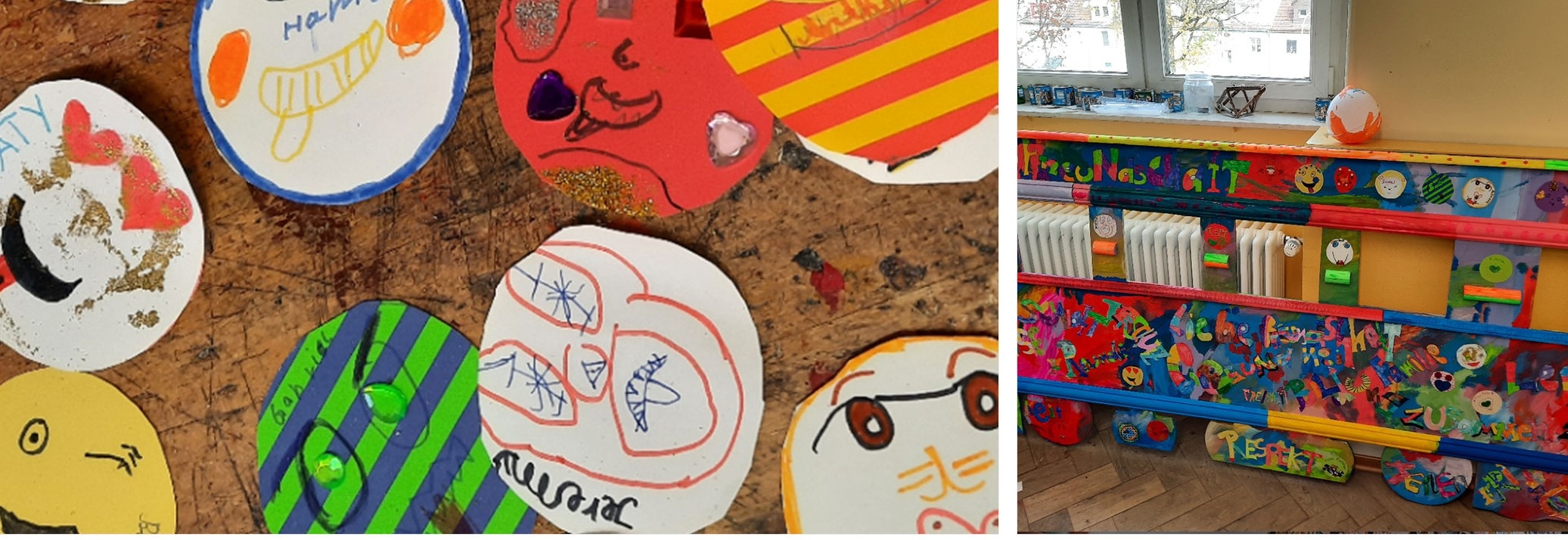Werte Express Station 1 Collage, von Kindern bunt gestalteten Flächen