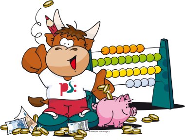 Pilou - Finanzen Abgebildet ist Pilou mit Zählrahmen, Geld und Sparschwein