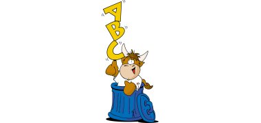 Pilou - Müll-ABC Stadtmaskottchen Pilou im Mülleimer balanciert mit Finger die Buchstaben ABC