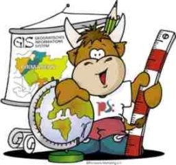 Pilou GIS Stadtmaskottchen Pilou mit Lineal und Globus in der Hand und im Hintergrund hängt eine Karte