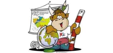 Pilou GIS Stadtmaskottchen Pilou mit Lineal und Globus in der Hand und im Hintergrund hängt eine Karte
