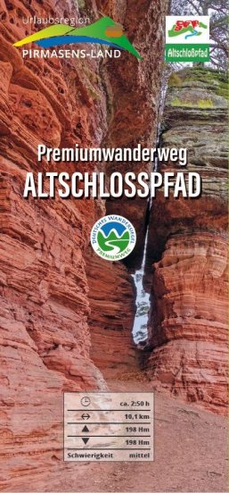 Flyer Altschlosspfad Vorderseite Flyer Altschlosspfad mit dem markanten Felsmassiv Altschlossfels