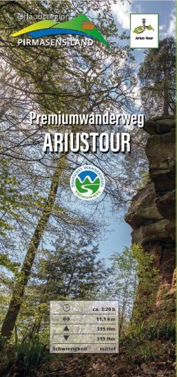 Flyer Ariustour Vorderseite Flyer Ariustour mit Felsen und Bäumen aus dem Pfälzerwald