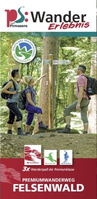 Flyer Felsenwald Vorderseite Flyer Felsenwald mit drei Wanderer an einer Wegkreuzung