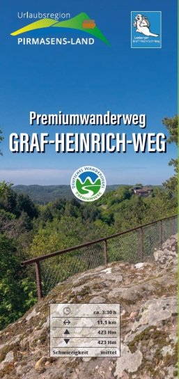 Flyer Graf-Heinrich-Weg Vorderseite Flyer Graf-Heinrich-Weg mit Ausischt über den Pfälzerwald bei blauem Himmel