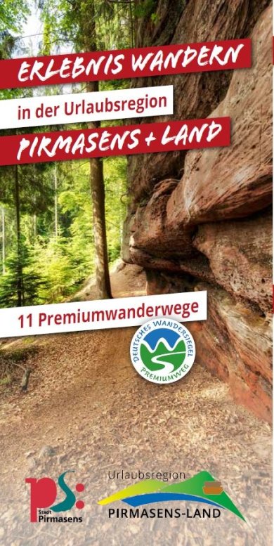 Flyer Erlebniswandern in PS und PS Land Vorderseite Flyer Erlebniswandern mit Felsmassiv und schmalen Pfad