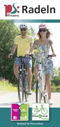 Flyer Radeln Vorderseite Flyer Radeln mit zwei Radfahrern mit Helm auf einem Fahrrad