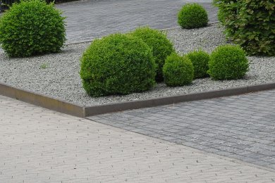 Blumen statt Steine mehrere Büchse in einem Bett, das ausgelegt ist mit kleinen Steinen
