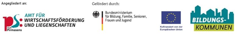 Bildungskommune-Förderleiste_BMBFSFJ Logos vom Amt für Wirtschaftsförderung und Liegenschaften, Bundesministerium für Forschung, Technologie und Raumfahrt, Europäischen Sozialfonds Plus und Bildungskommunen